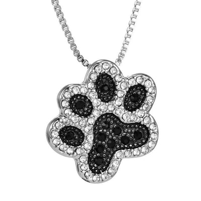 Silver Black and White Crystal Rhinestone Dog Paw Necklace